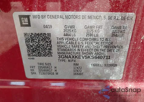 2019 Chevrolet Equinox Lt from USA, damaged, VIN 3GNAXKEV5KS640711